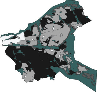 Karta över Nacka kommun, indelad i olika zoner. Illustration.