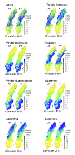 Åtta grupper av sverigekartor, för järpe, tretåig hackspett, mindre hackspett, gråspett, mindre flugsnappare, stjärtmes, lavskrika, lappmes. Illustration.