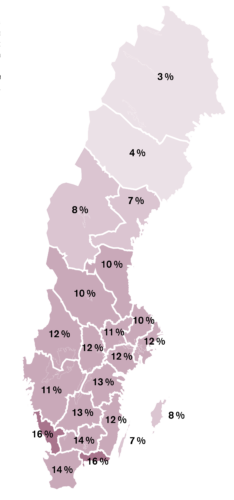 Karta över Sverige med procentsatser utskrivet på alla landskap.