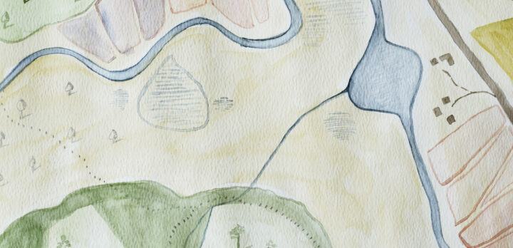 Något som liknar en äldre karta med symboler och fält för vägar, hus, vattendrag, fält och skogar. Illustration.