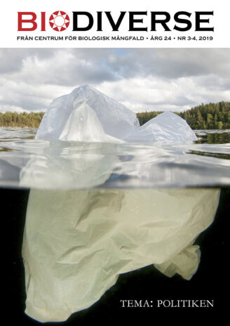 Omslag till Biodiverse 3-4 år 2019 med bild på plastpåse i vatten som ser ut som ett isberg