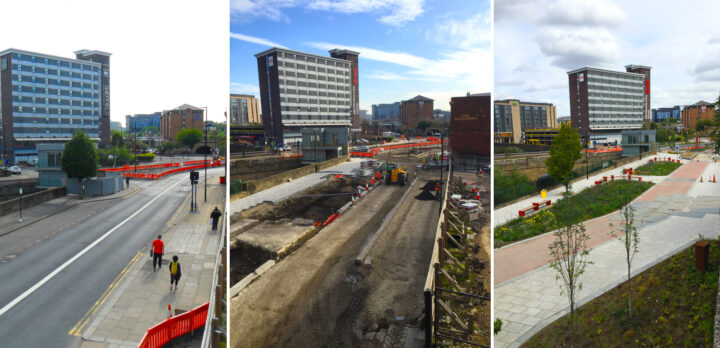 Tre bilder visar processen med att bygga växtbäddar och grönområden vid vad som först är endast en väg genom en stad. Foto.