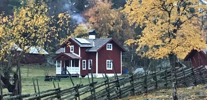 I förgrunden en ängsmark med ett lövträd i höstfärger, en gärdesgård samt i bakgrunden ett rött hus med vita knutar, rök som kommer ur skorstenen. Foto.