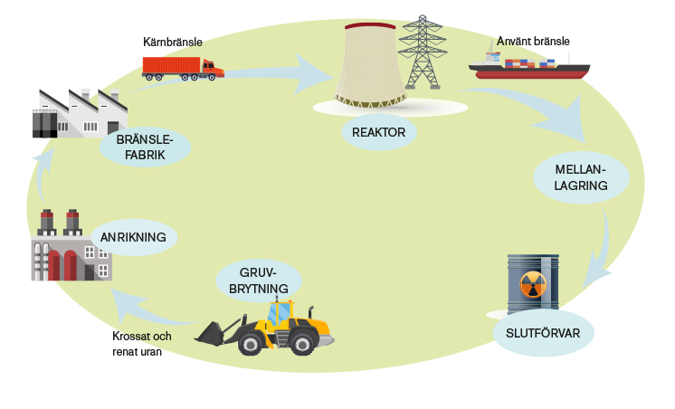 Illustration som visar pilar i en öppen cirkel, samt ikoner (hjullastare, fabriker, reaktor, tunna med atom-dekal, samt lastbil och containerbåt).